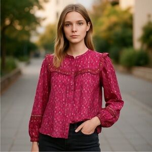 JOIE pink floral ruffled prairie top size S boho peasant long sleeve button up